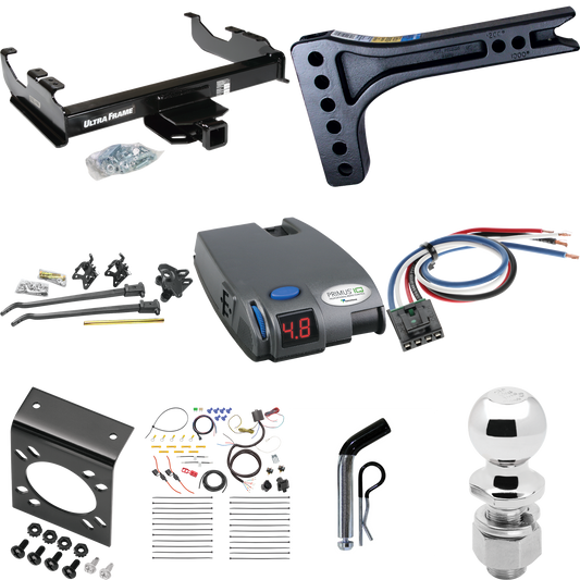 Fits 2007-2014 GMC Sierra 3500 HD Trailer Hitch Tow PKG w/ 15K Trunnion Bar Weight Distribution Hitch + Pin/Clip + 2-5/16" Ball + Tekonsha Primus IQ Brake Control + Generic BC Wiring Adapter + 7-Way RV Wiring (For Cab & Chassis, w/34" Wide Frames Mod