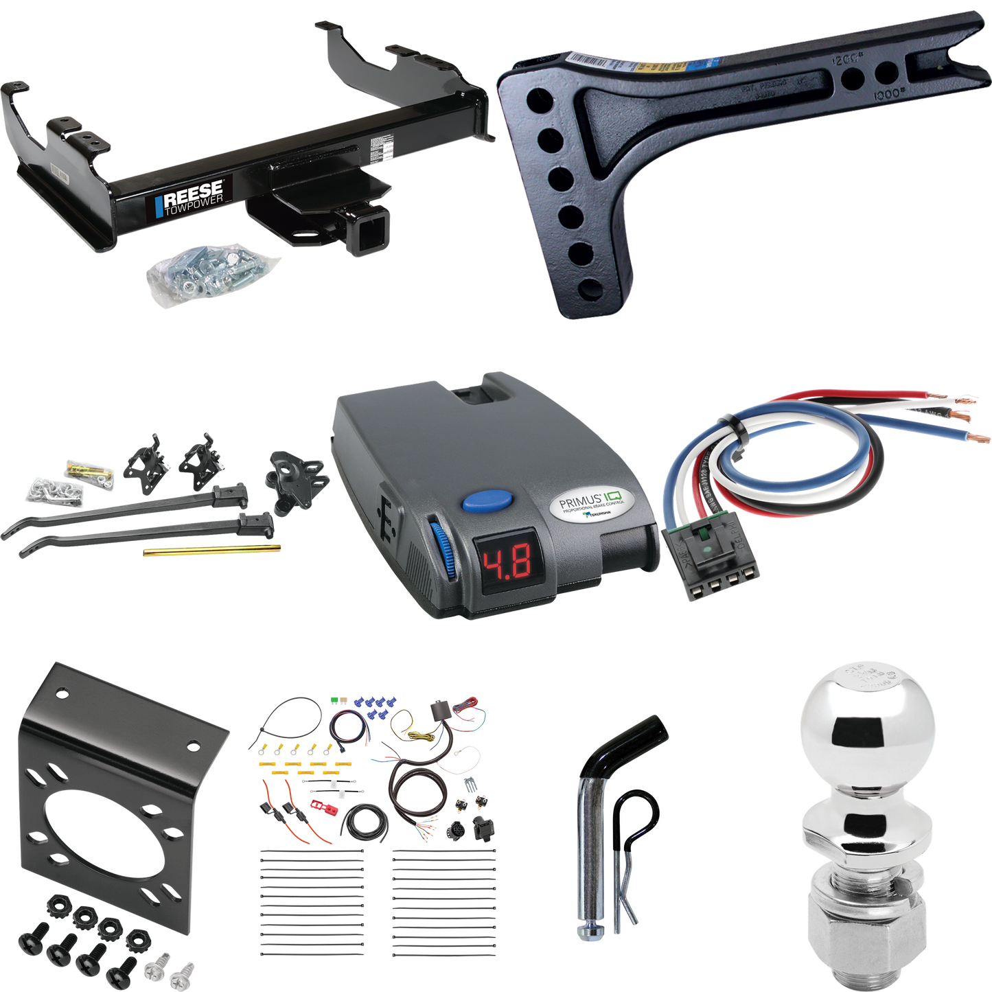 Fits 2007-2014 Chevrolet Silverado 3500 HD Trailer Hitch Tow PKG w/ 15K Trunnion Bar Weight Distribution Hitch + Pin/Clip + 2-5/16" Ball + Tekonsha Primus IQ Brake Control + Generic BC Wiring Adapter + 7-Way RV Wiring (For Cab & Chassis, w/34" Wide F