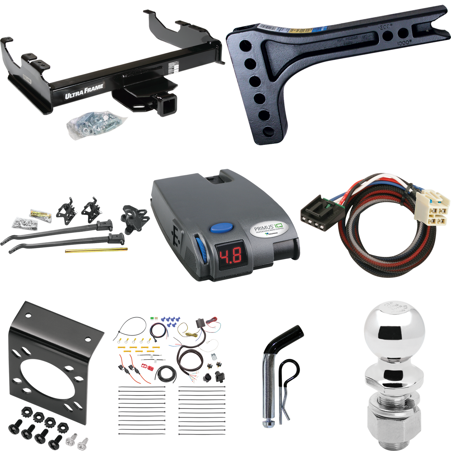 Fits 2015-2023 Chevrolet Silverado 3500 HD Trailer Hitch Tow PKG w/ 15K Trunnion Bar Weight Distribution Hitch + Pin/Clip + 2-5/16" Ball + Tekonsha Primus IQ Brake Control + Plug & Play BC Adapter + 7-Way RV Wiring (For Cab & Chassis, w/34" Wide Fram