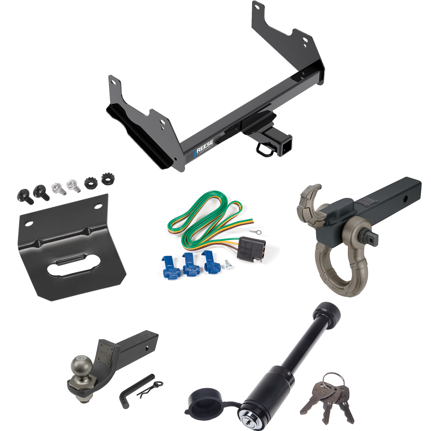 Fits 2015-2023 Ford F-150 Trailer Hitch Tow PKG w/ 4-Flat Wiring + Interlock Tactical Starter Kit w/ 2" Drop & 2" Ball + Tactical Hook & Shackle Mount + Tactical Dogbone Lock + Wiring Bracket By Reese Towpower