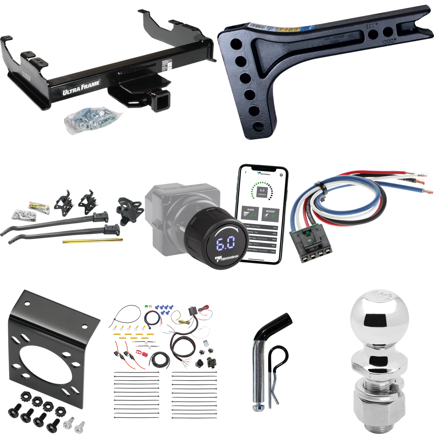 Fits 2007-2014 GMC Sierra 3500 HD Trailer Hitch Tow PKG w/ 15K Trunnion Bar Weight Distribution Hitch + Pin/Clip + 2-5/16" Ball + Tekonsha Prodigy iD Bluetooth Wireless Brake Control + Generic BC Wiring Adapter + 7-Way RV Wiring (For Cab & Chassis, w