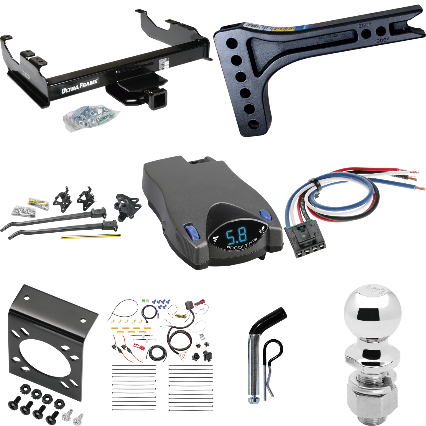 Fits 2007-2014 Chevrolet Silverado 3500 HD Trailer Hitch Tow PKG w/ 15K Trunnion Bar Weight Distribution Hitch + Pin/Clip + 2-5/16" Ball + Tekonsha Prodigy P2 Brake Control + Generic BC Wiring Adapter + 7-Way RV Wiring (For Cab & Chassis, w/34" Wide