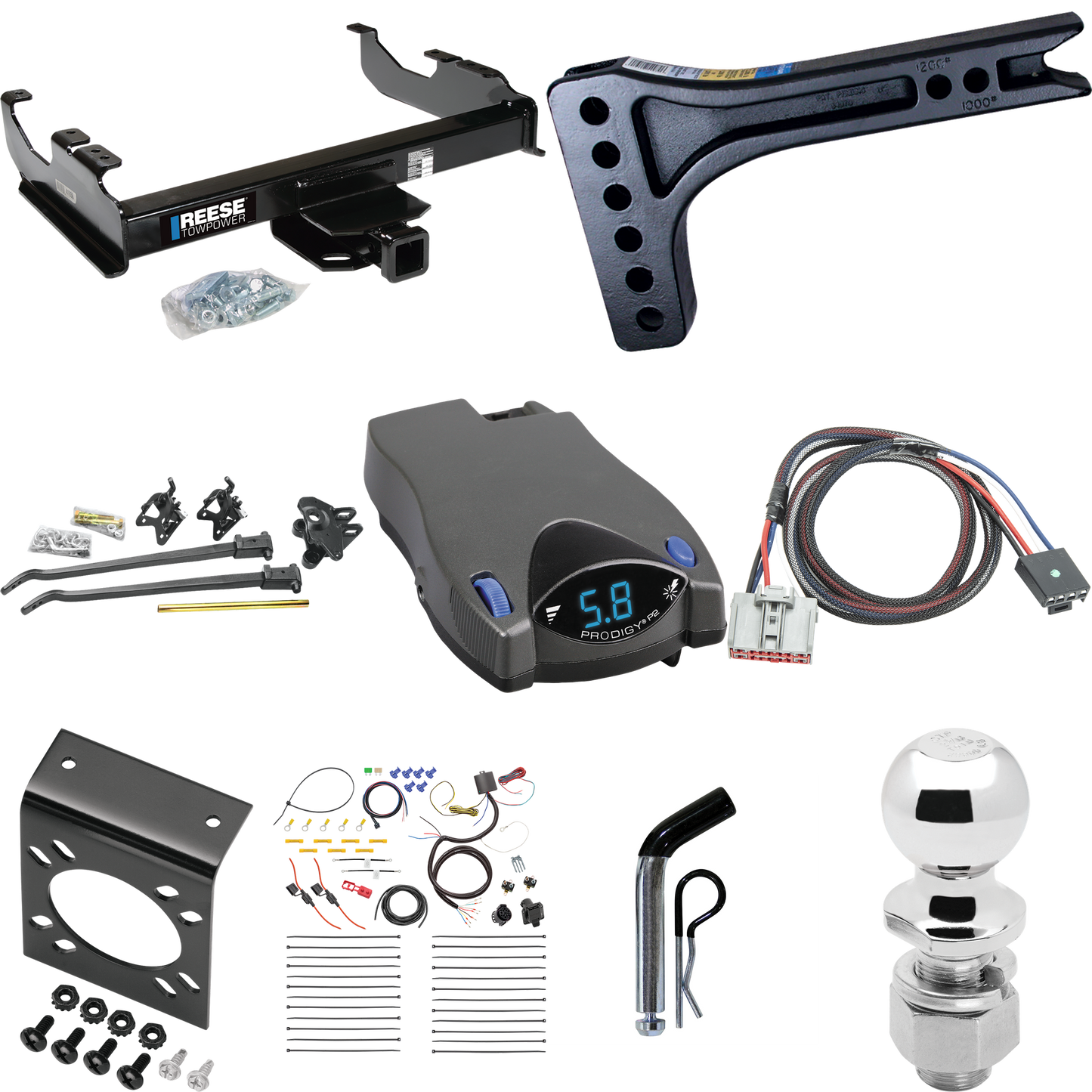 Fits 2020-2019 Chevrolet Silverado 3500 HD Trailer Hitch Tow PKG w/ 15K Trunnion Bar Weight Distribution Hitch + Pin/Clip + 2-5/16" Ball + Tekonsha Prodigy P2 Brake Control + Plug & Play BC Adapter + 7-Way RV Wiring (For Cab & Chassis, w/34" Wide Fra