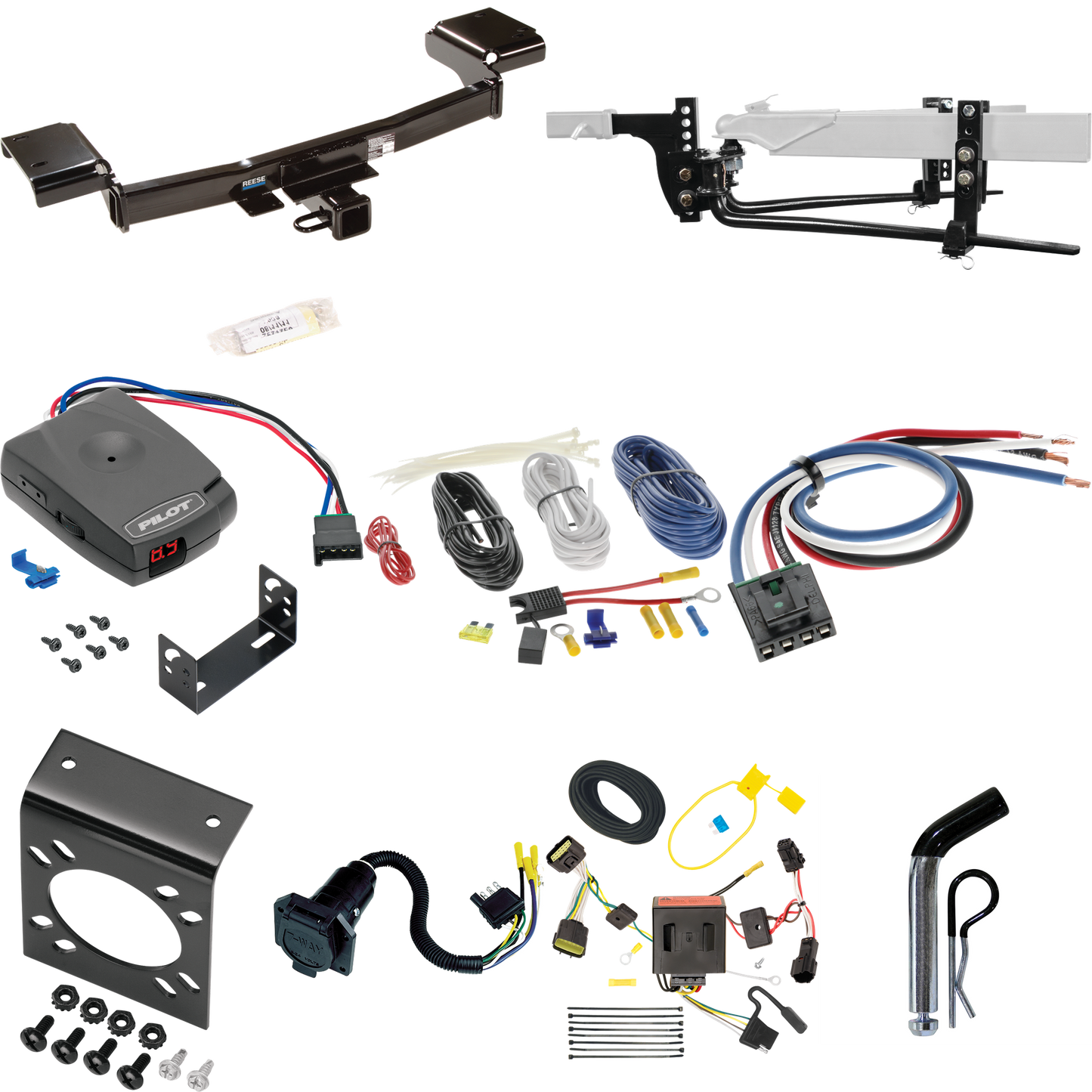 Fits 2011-2016 KIA Sportage Trailer Hitch Tow PKG w/ 6K Round Bar Weight Distribution Hitch w/ 2-5/16" Ball + Pin/Clip + Pro Series Pilot Brake Control + Generic BC Wiring Adapter + 7-Way RV Wiring By Reese Towpower