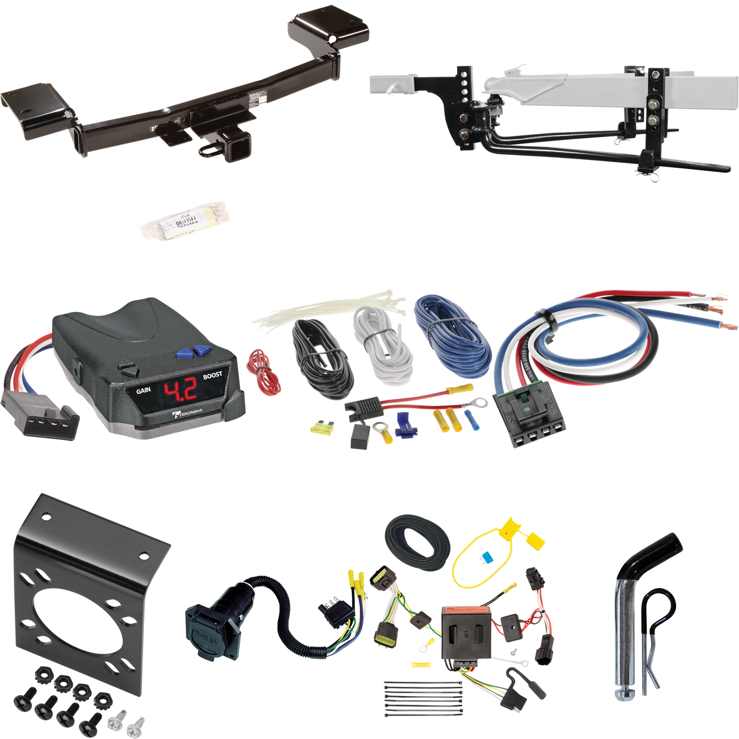 Fits 2011-2016 KIA Sportage Trailer Hitch Tow PKG w/ 6K Round Bar Weight Distribution Hitch w/ 2-5/16" Ball + Pin/Clip + Tekonsha BRAKE-EVN Brake Control + Generic BC Wiring Adapter + 7-Way RV Wiring By Draw-Tite