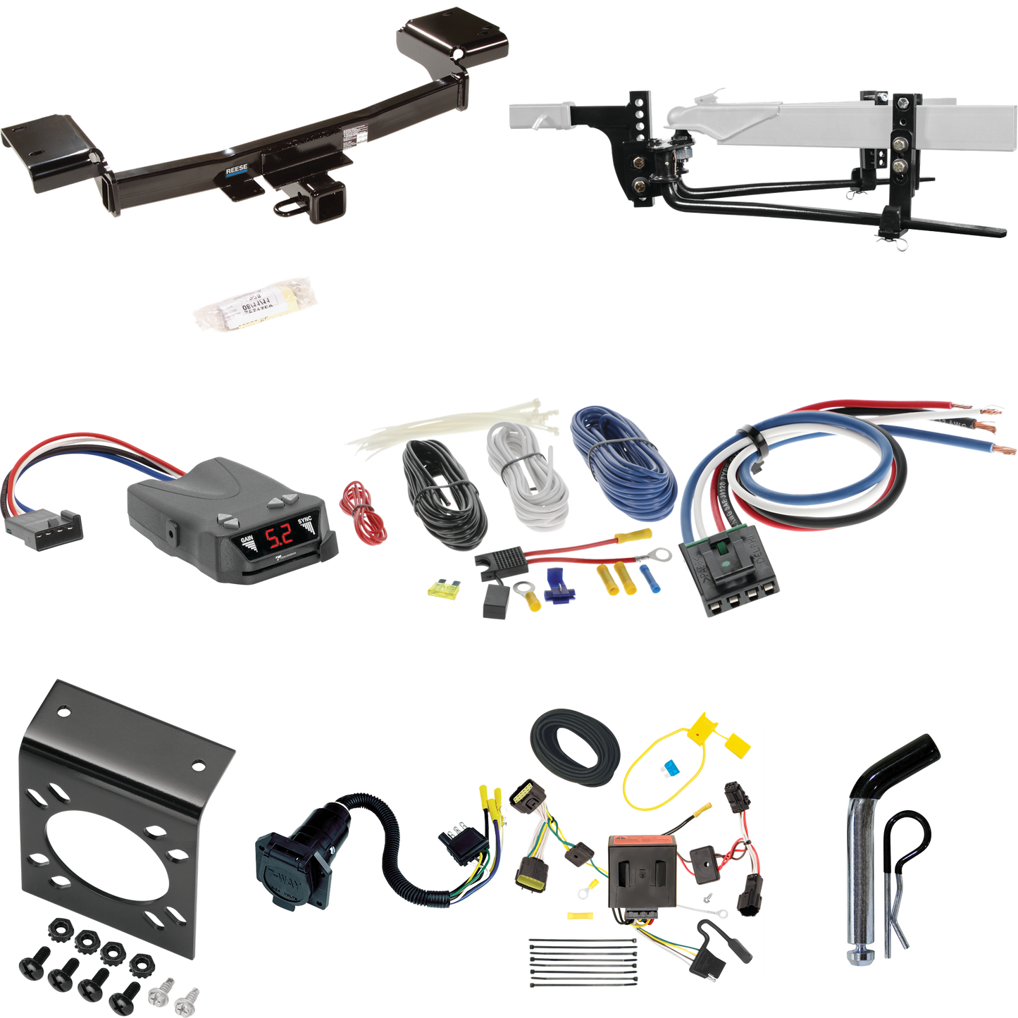 Fits 2011-2016 KIA Sportage Trailer Hitch Tow PKG w/ 6K Round Bar Weight Distribution Hitch w/ 2-5/16" Ball + Pin/Clip + Tekonsha Brakeman IV Brake Control + Generic BC Wiring Adapter + 7-Way RV Wiring By Reese Towpower