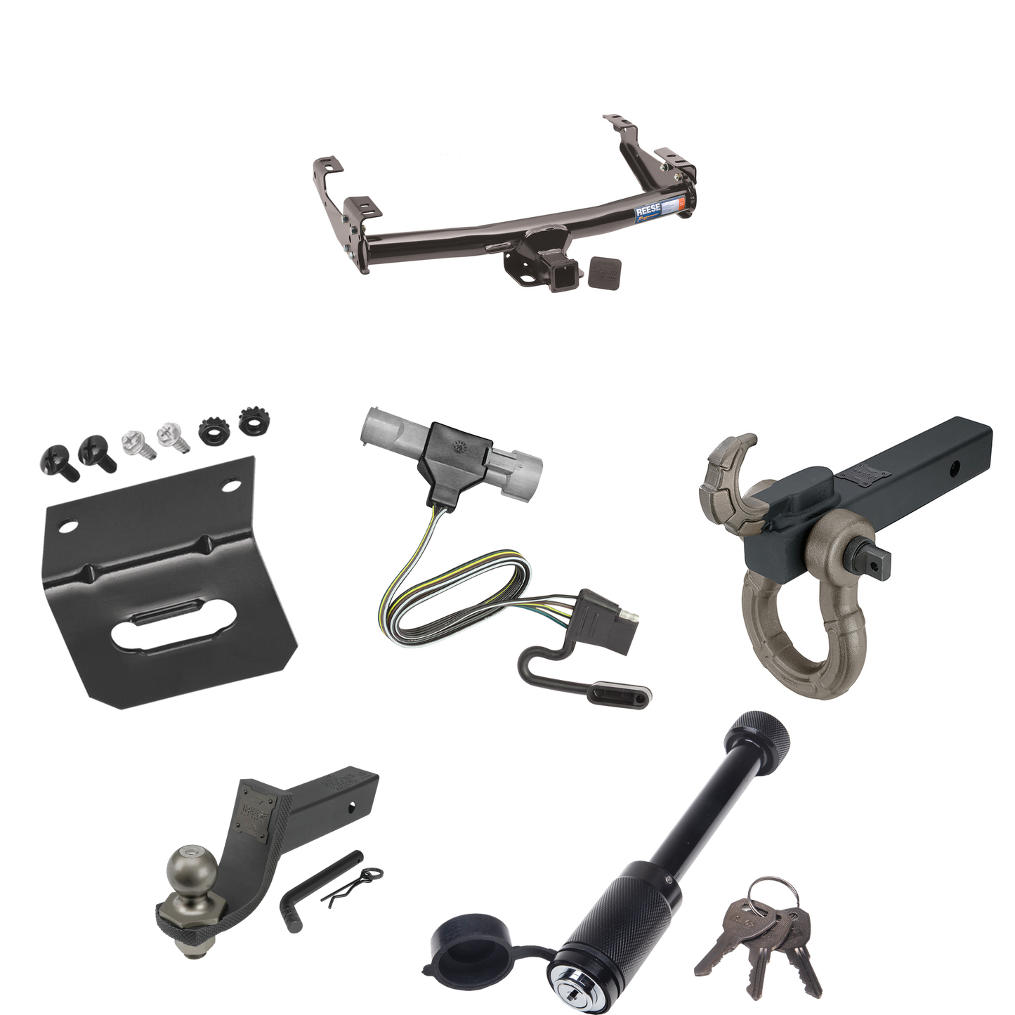 Fits 1987-1996 Ford F-150 Trailer Hitch Tow PKG w/ 4-Flat Wiring + Interlock Tactical Starter Kit w/ 3-1/4" Drop & 2" Ball + Tactical Hook & Shackle Mount + Tactical Dogbone Lock + Wiring Bracket By Reese Towpower