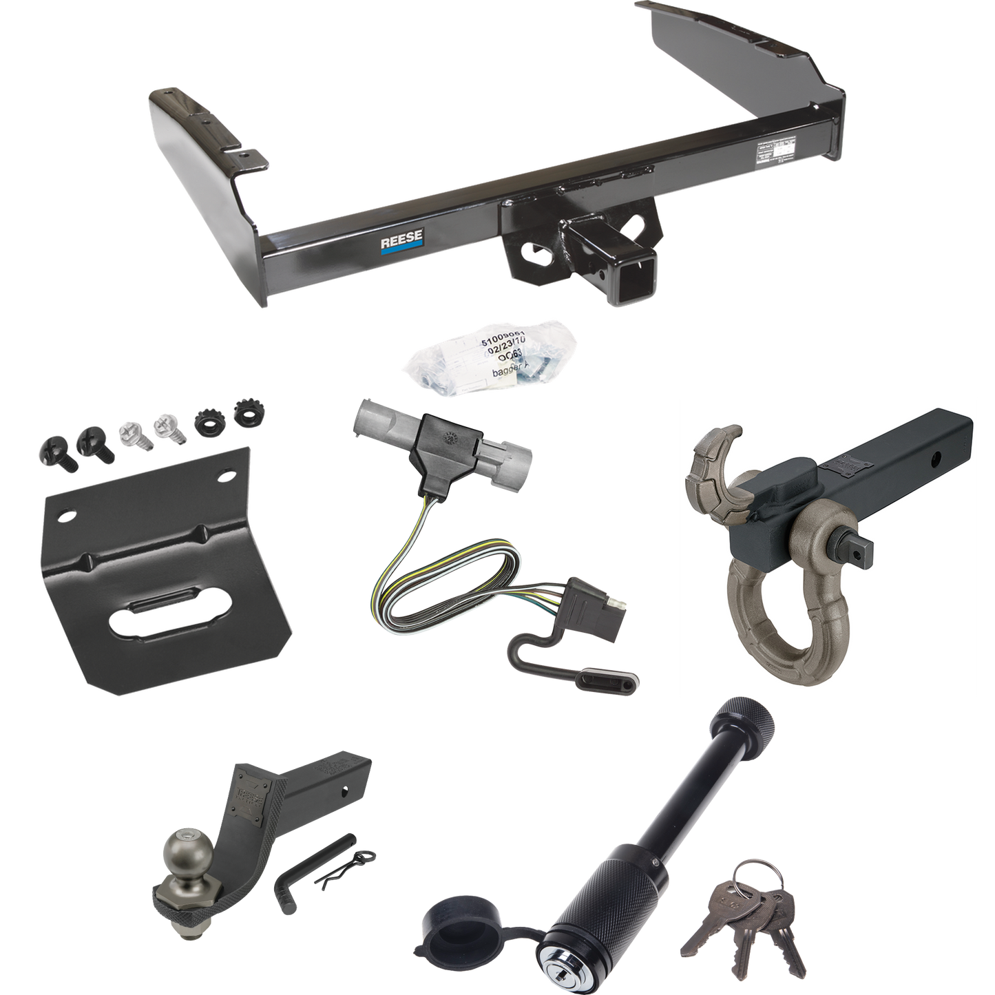 Fits 1997-1997 Ford F-250 HD Trailer Hitch Tow PKG w/ 4-Flat Wiring + Interlock Tactical Starter Kit w/ 3-1/4" Drop & 2" Ball + Tactical Hook & Shackle Mount + Tactical Dogbone Lock + Wiring Bracket By Reese Towpower