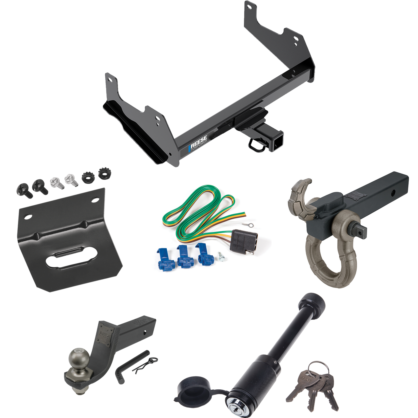 Fits 2015-2023 Ford F-150 Trailer Hitch Tow PKG w/ 4-Flat Wiring + Interlock Tactical Starter Kit w/ 3-1/4" Drop & 2" Ball + Tactical Hook & Shackle Mount + Tactical Dogbone Lock + Wiring Bracket By Reese Towpower