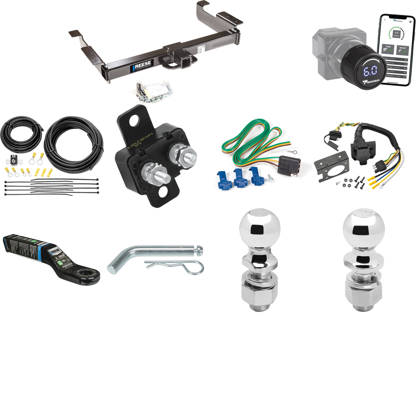 Fits 1996-1999 GMC Savana 1500 Trailer Hitch Tow PKG w/ Tekonsha Prodigy iD Bluetooth Wireless Brake Control + 7-Way RV Wiring + 2" & 2-5/16" Ball & Drop Mount By Reese Towpower