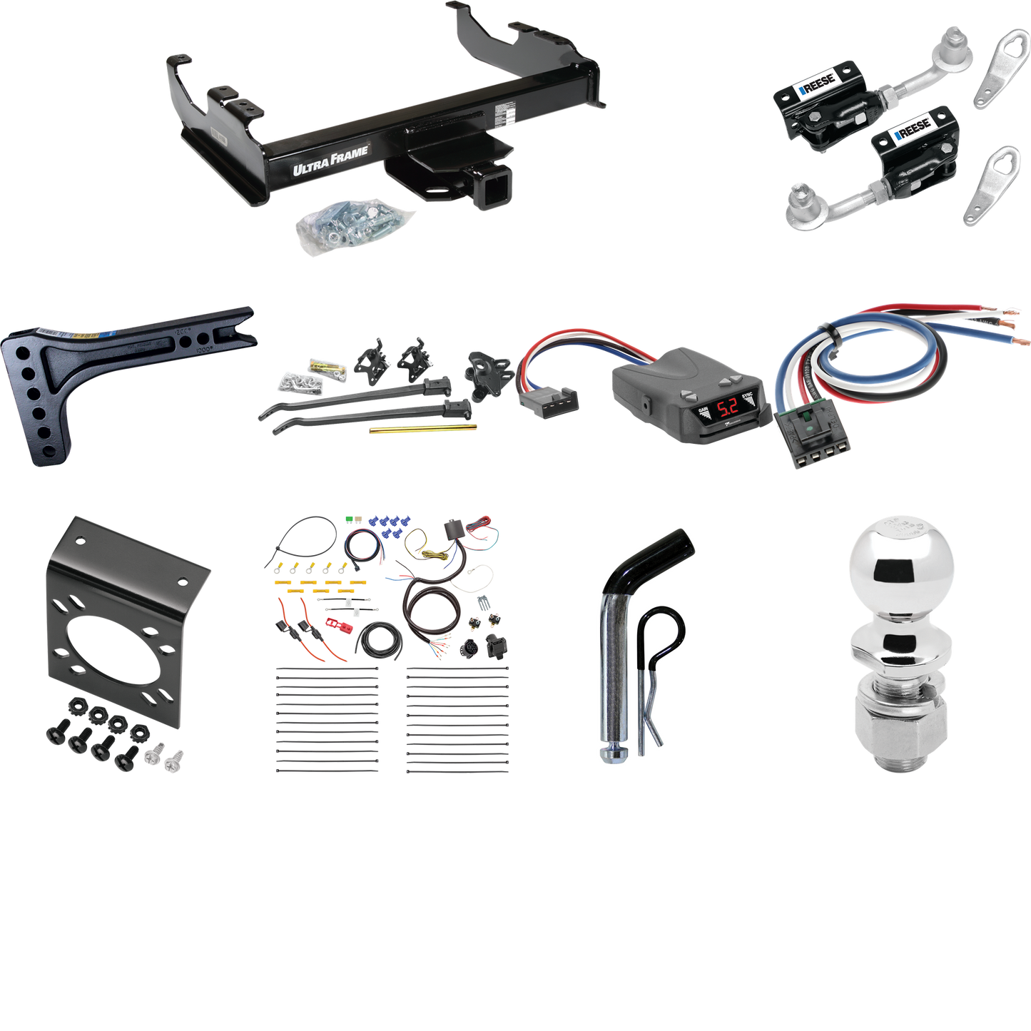 Fits 2007-2014 GMC Sierra 3500 HD Trailer Hitch Tow PKG w/ 15K Trunnion Bar Weight Distribution Hitch + Pin/Clip + Dual Cam Sway Control + 2-5/16" Ball + Tekonsha Brakeman IV Brake Control + Generic BC Wiring Adapter + 7-Way RV Wiring (For Cab & Chas