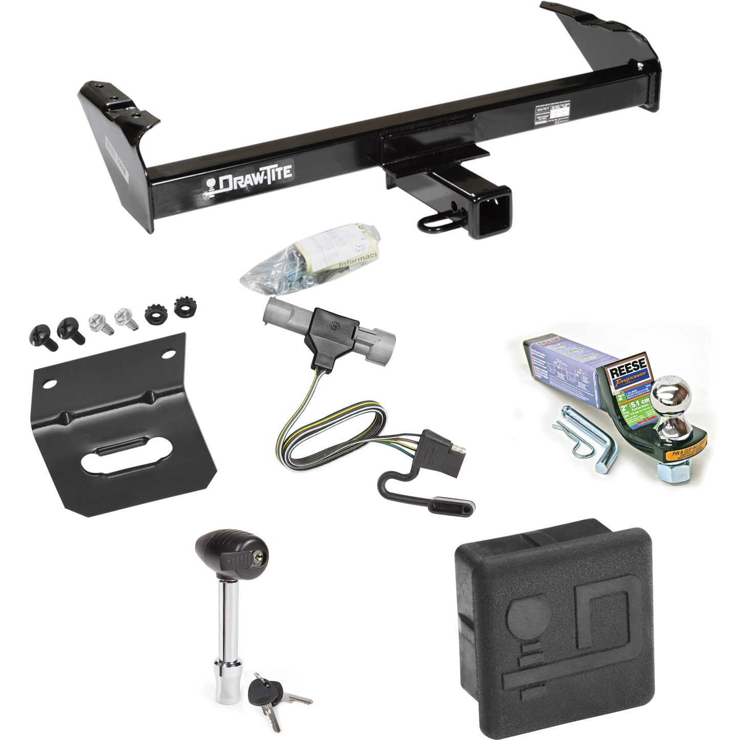 Fits 1987-1996 Ford F-250 Trailer Hitch Tow PKG w/ 4-Flat Wiring + Starter Kit Ball Mount w/ 2" Drop & 1-7/8" Ball + Wiring Bracket + Hitch Lock + Hitch Cover By Draw-Tite