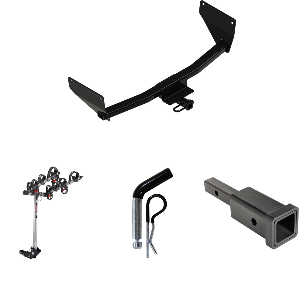 Fits 2019-2023 Toyota RAV4 Trailer Hitch Tow PKG w/ Hitch Adapter 1-1/4" to 2" Receiver + 1/2" Pin & Clip + 4 Bike Carrier Rack By Reese Towpower