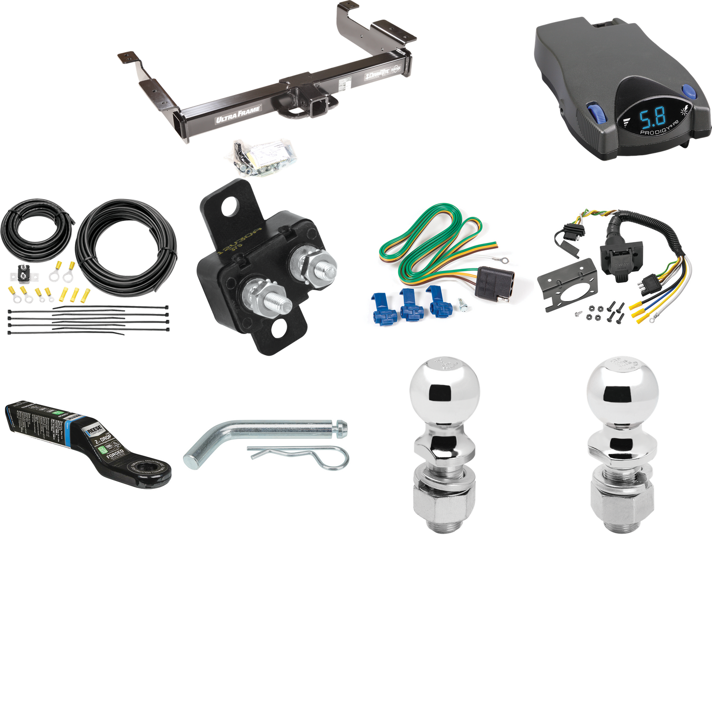 Fits 1996-1999 Chevrolet Express 1500 Trailer Hitch Tow PKG w/ Tekonsha Prodigy P2 Brake Control + 7-Way RV Wiring + 2" & 2-5/16" Ball & Drop Mount By Draw-Tite