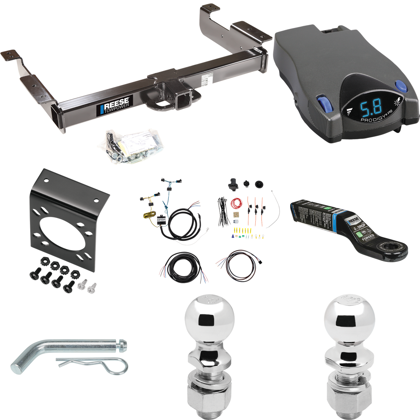 Fits 2003-2023 GMC Savana 2500 Trailer Hitch Tow PKG w/ Tekonsha Prodigy P2 Brake Control + 7-Way RV Wiring + 2" & 2-5/16" Ball & Drop Mount By Reese Towpower