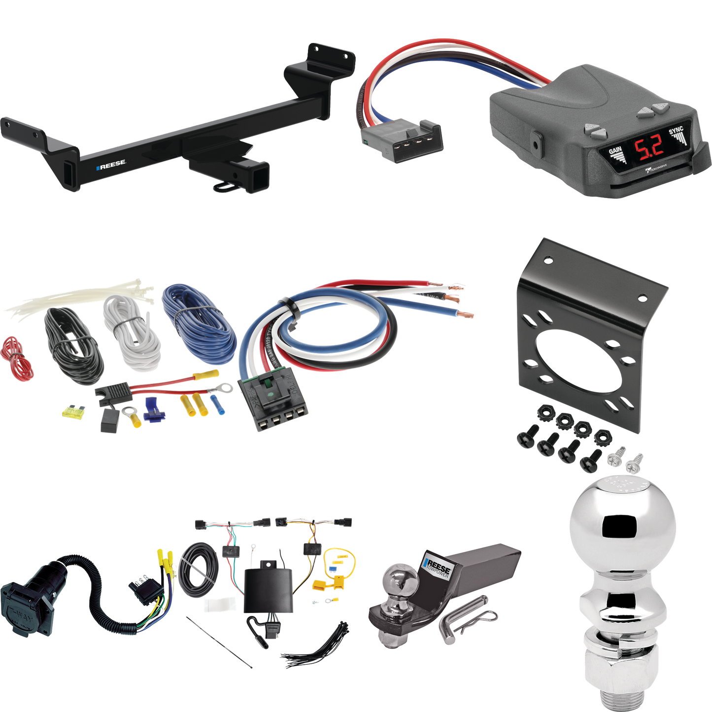 Se adapta al paquete de enganche de remolque KIA Sportage 2023-2023 con control de freno Tekonsha Brakeman IV + adaptador de cableado BC genérico + cableado RV de 7 vías + soporte de bola y caída de 2" y 2-5/16" de Reese Towpower