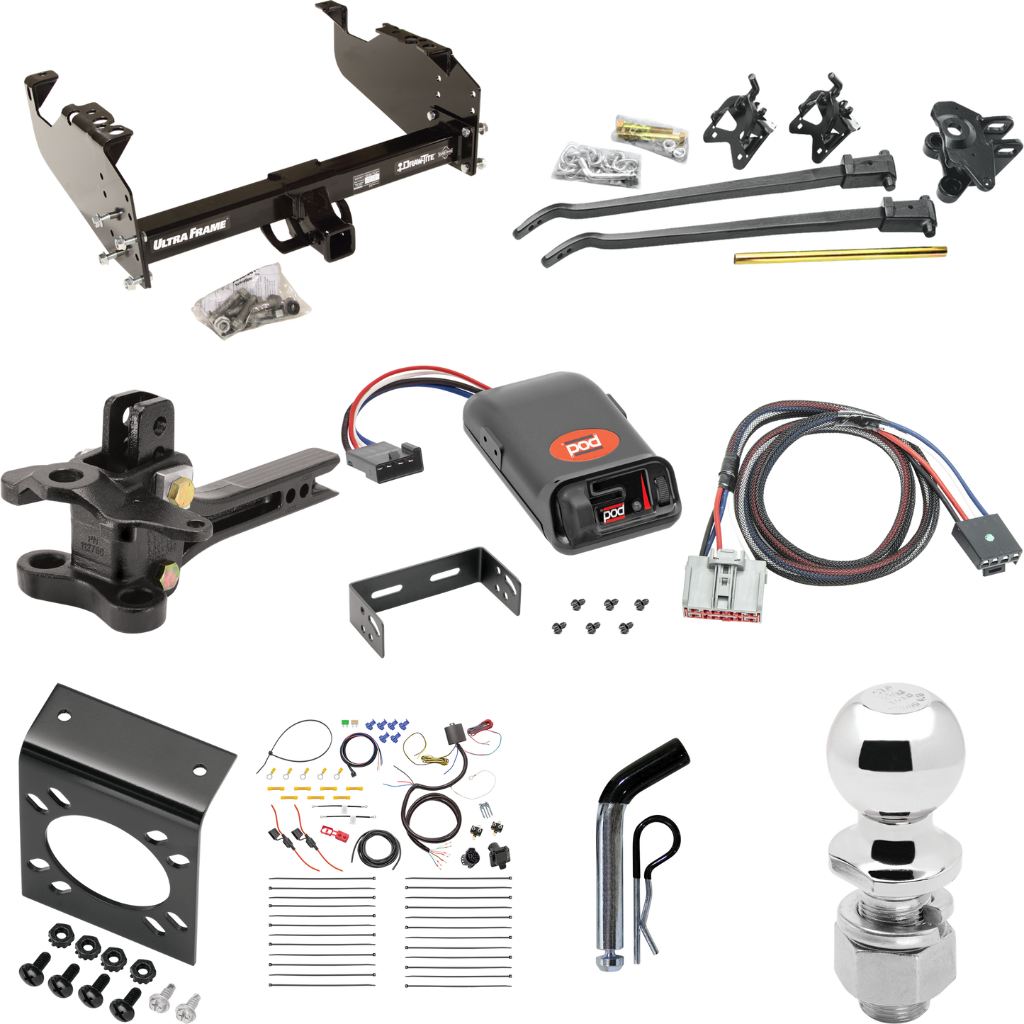 Fits 2020-2023 GMC Sierra 3500 HD Trailer Hitch Tow PKG w/ 17K Trunnion Bar Weight Distribution Hitch + Pin/Clip + 2-5/16" Ball + Pro Series POD Brake Control + Plug & Play BC Adapter + 7-Way RV Wiring (For Cab & Chassis, w/34" Wide Frames Models) By
