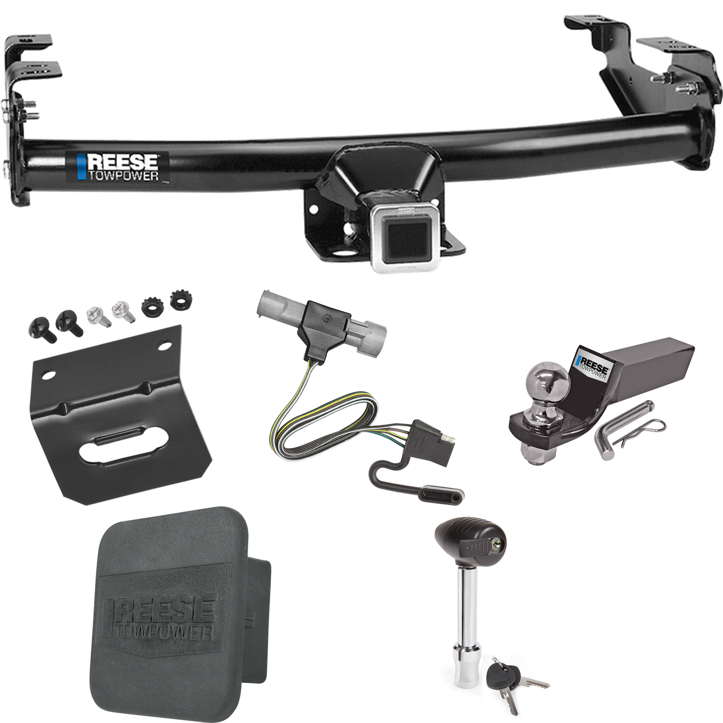 Fits 1987-1996 Ford F-150 Trailer Hitch Tow PKG w/ 4-Flat Wiring + Starter Kit Ball Mount w/ 2" Drop & 2" Ball + 1-7/8" Ball + Wiring Bracket + Hitch Lock + Hitch Cover By Reese Towpower