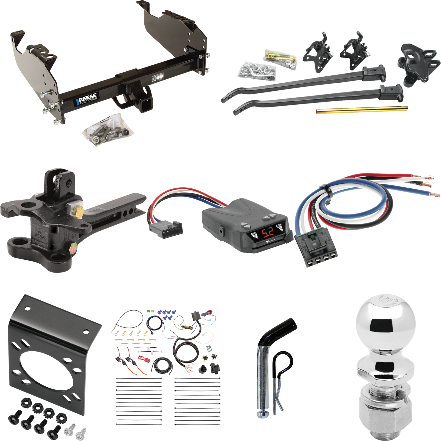 Fits 2001-2007 GMC Sierra 3500 Trailer Hitch Tow PKG w/ 17K Trunnion Bar Weight Distribution Hitch + Pin/Clip + 2-5/16" Ball + Tekonsha Brakeman IV Brake Control + Generic BC Wiring Adapter + 7-Way RV Wiring (For (Classic), Cab & Chassis, w/34" Wide