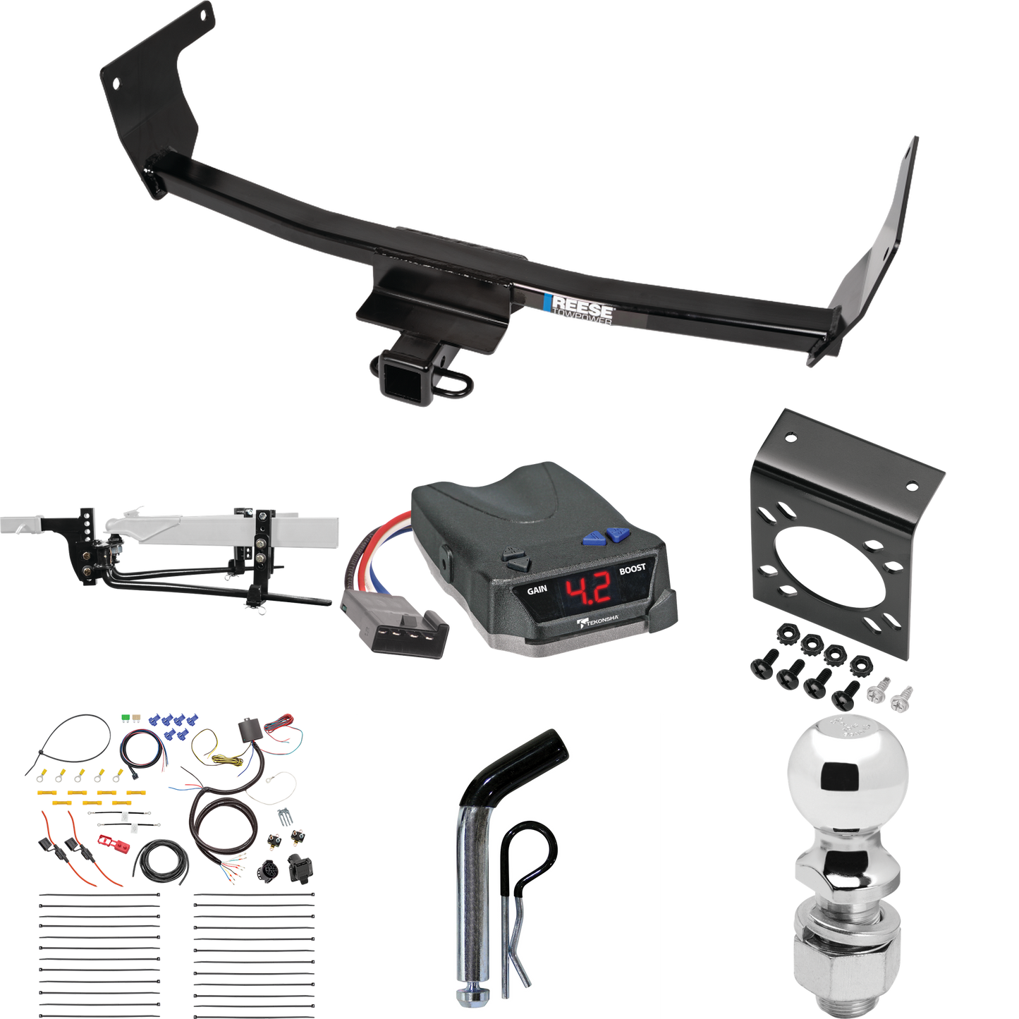 Fits 2021-2023 Lexus NX450h+ Trailer Hitch Tow PKG w/ 8K Round Bar Weight Distribution Hitch w/ 2-5/16" Ball + 2" Ball + Pin/Clip + Tekonsha BRAKE-EVN Brake Control + 7-Way RV Wiring (Excludes: F Sport Models) By Reese Towpower