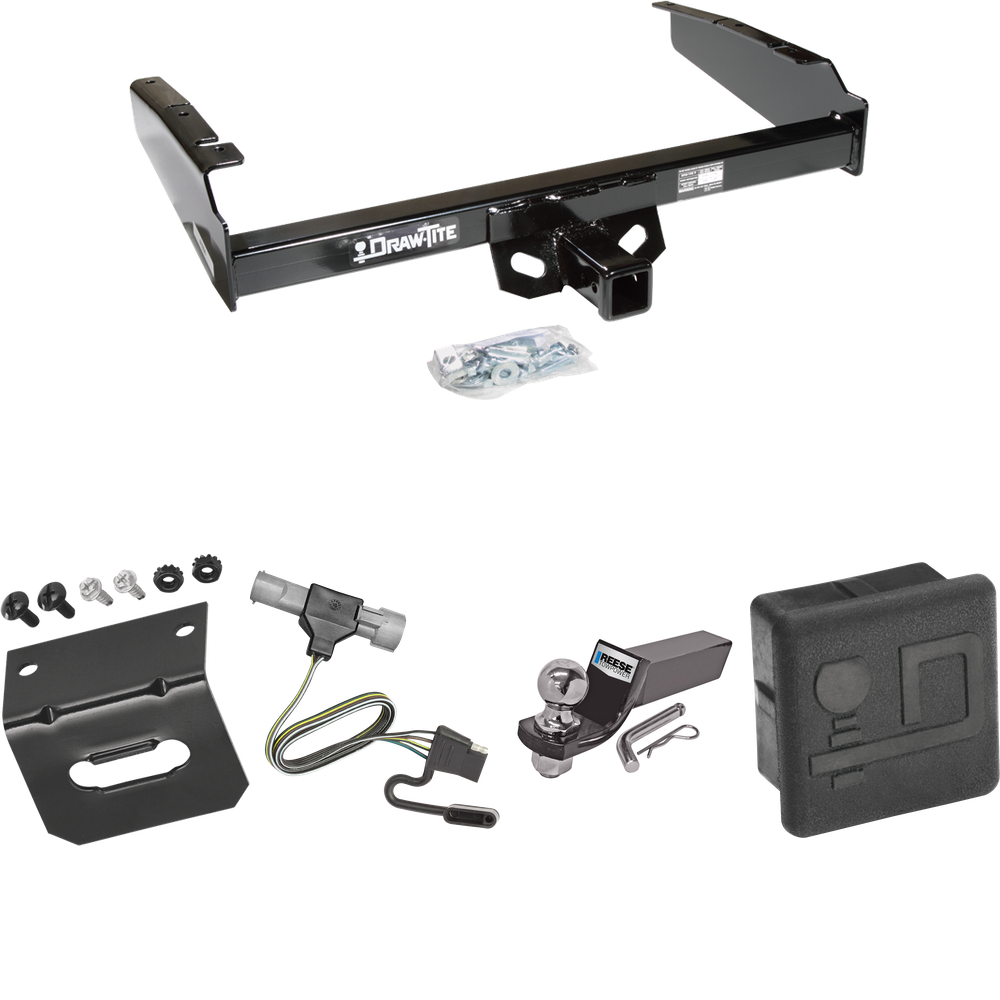 Fits 1987-1996 Ford F-150 Trailer Hitch Tow PKG w/ 4-Flat Wiring + Starter Kit Ball Mount w/ 2" Drop & 2" Ball + Wiring Bracket + Hitch Cover By Draw-Tite