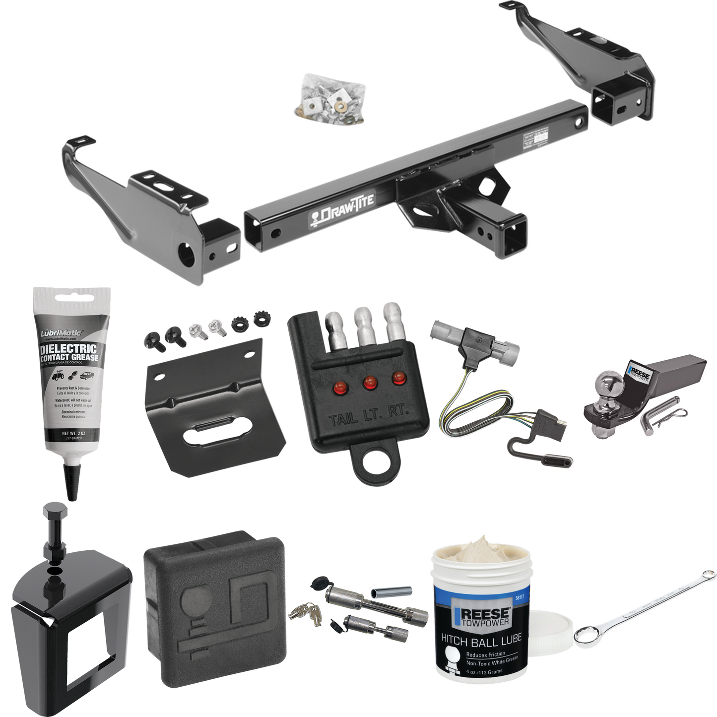 Fits 1997-1997 Ford F-250 HD Trailer Hitch Tow PKG w/ 4-Flat Wiring + Starter Kit Ball Mount w/ 2" Drop & 2" Ball + Wiring Bracket + Hitch Cover + Dual Hitch & Coupler Locks + Wiring Tester + Ball Lube + Electric Grease + Ball Wrench + Anti Rattle De