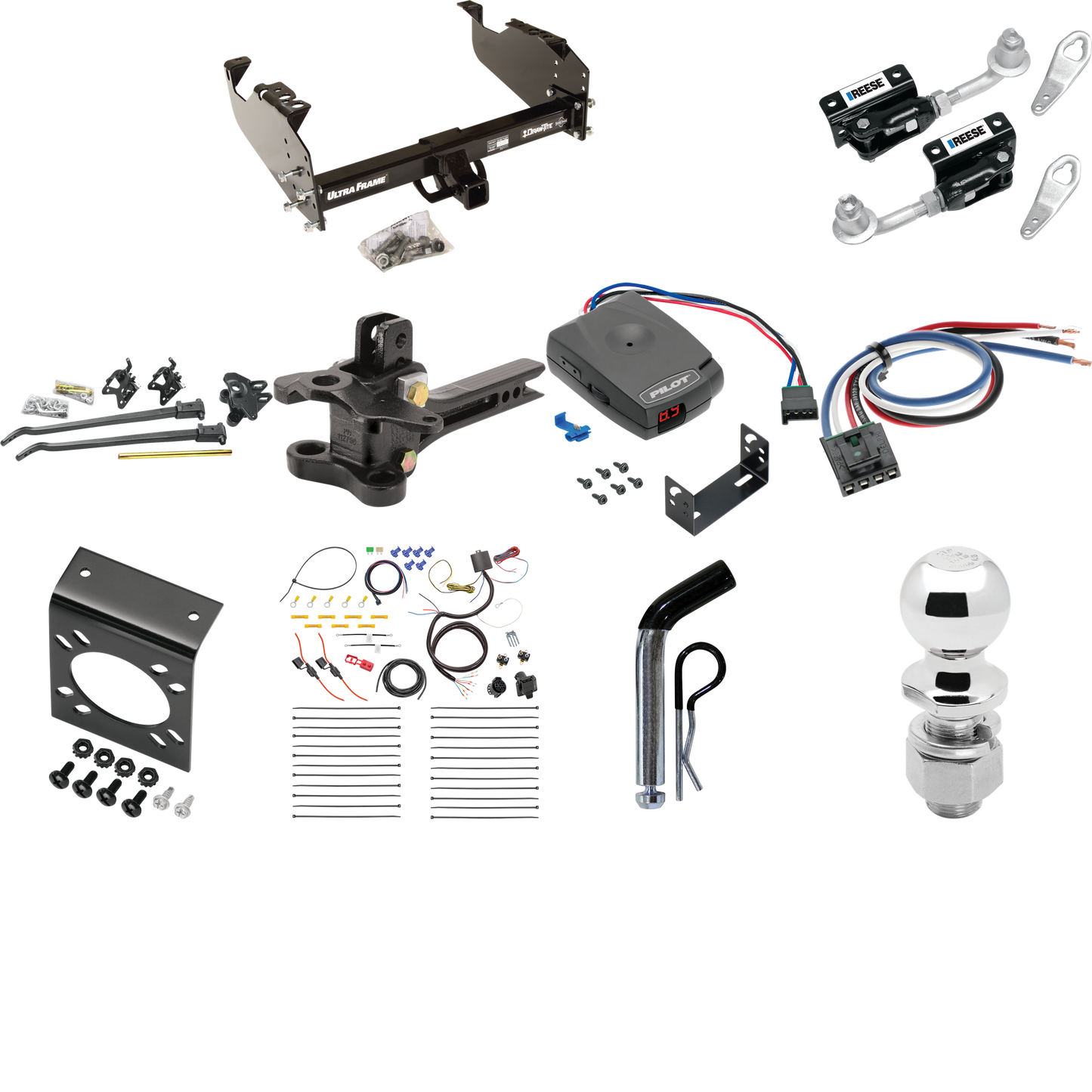 Fits 2001-2007 GMC Sierra 3500 Trailer Hitch Tow PKG w/ 17K Trunnion Bar Weight Distribution Hitch + Pin/Clip + Dual Cam Sway Control + 2-5/16" Ball + Pro Series Pilot Brake Control + Generic BC Wiring Adapter + 7-Way RV Wiring (For (Classic), Cab &