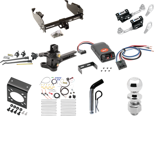 Fits 2007-2014 GMC Sierra 3500 HD Trailer Hitch Tow PKG w/ 17K Trunnion Bar Weight Distribution Hitch + Pin/Clip + Dual Cam Sway Control + 2-5/16" Ball + Pro Series POD Brake Control + Generic BC Wiring Adapter + 7-Way RV Wiring (For Cab & Chassis, w