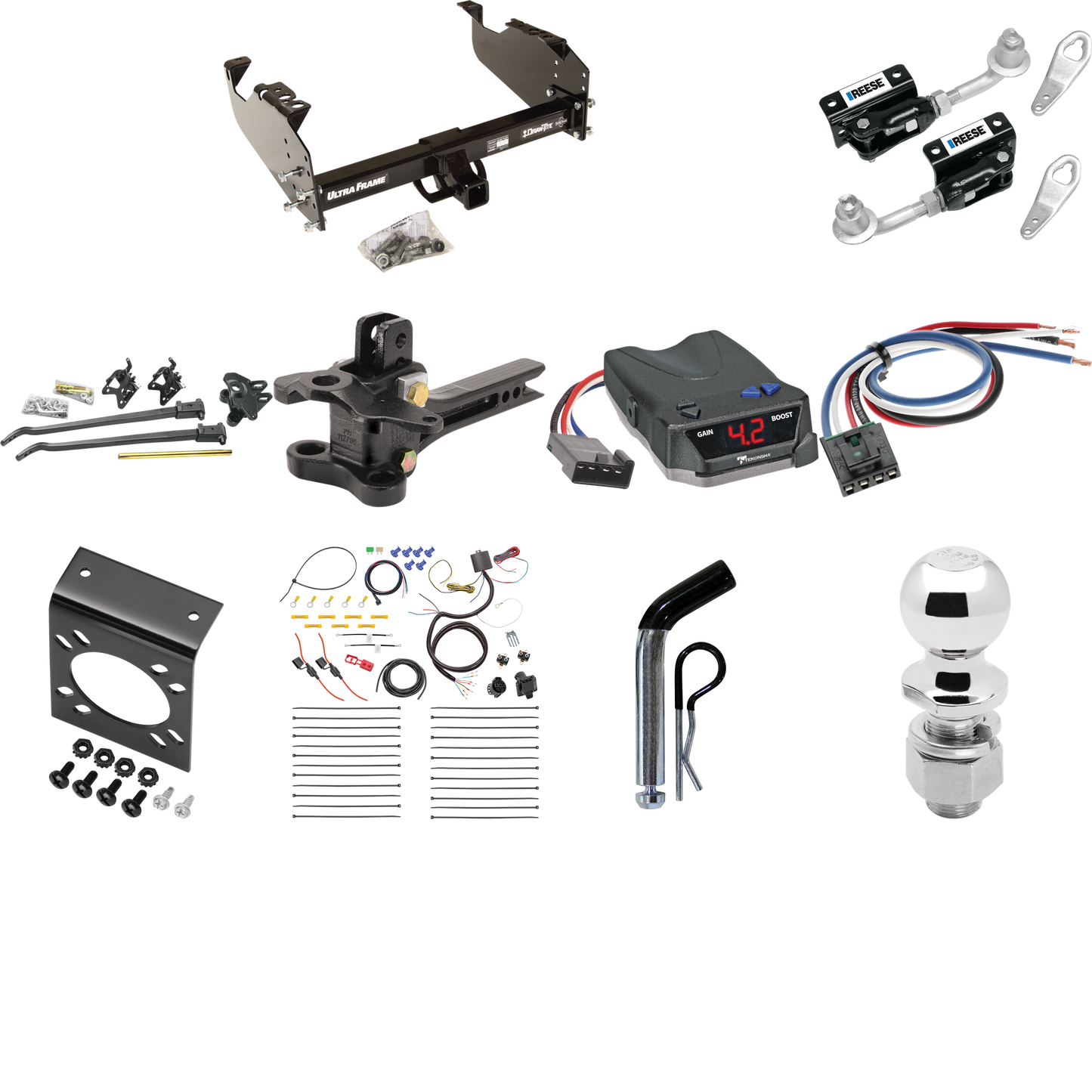 Fits 2001-2007 GMC Sierra 3500 Trailer Hitch Tow PKG w/ 17K Trunnion Bar Weight Distribution Hitch + Pin/Clip + Dual Cam Sway Control + 2-5/16" Ball + Tekonsha BRAKE-EVN Brake Control + Generic BC Wiring Adapter + 7-Way RV Wiring (For (Classic), Cab