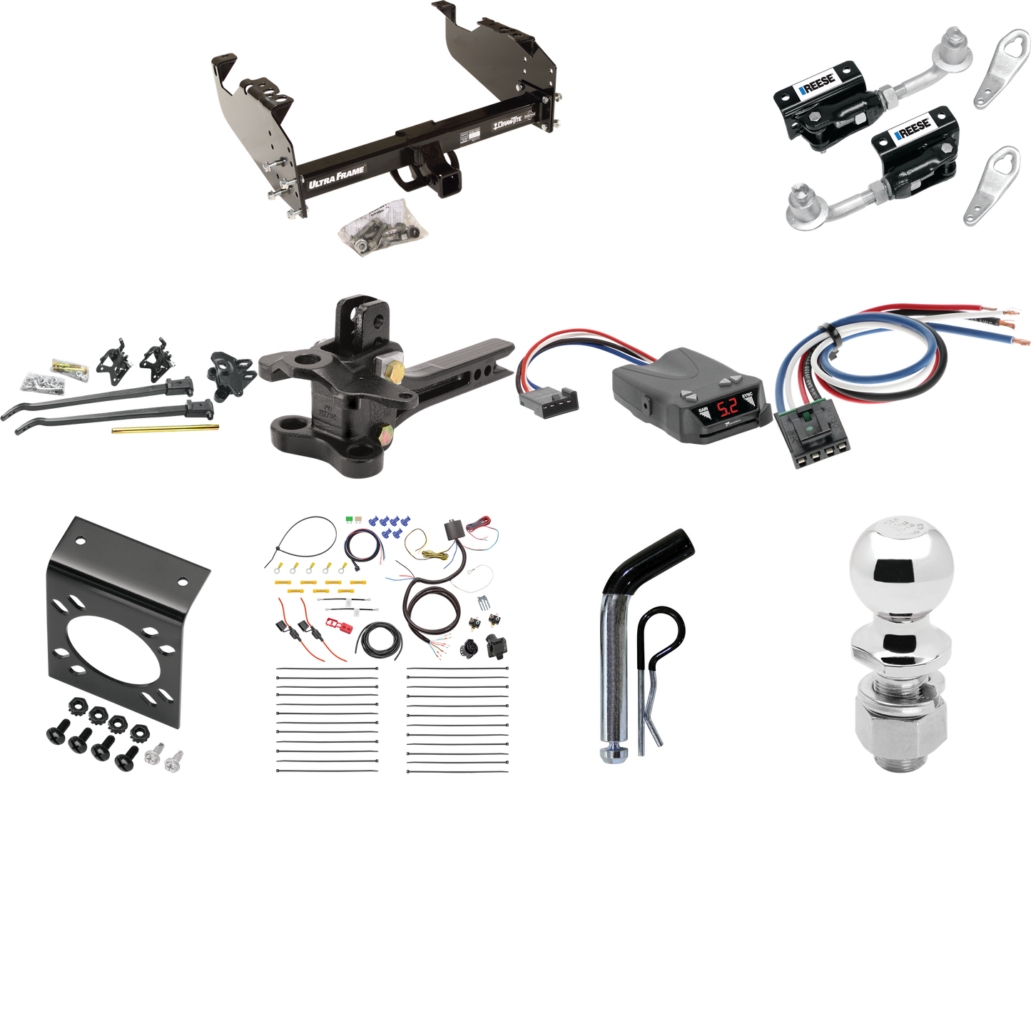 Fits 2007-2014 GMC Sierra 3500 HD Trailer Hitch Tow PKG w/ 17K Trunnion Bar Weight Distribution Hitch + Pin/Clip + Dual Cam Sway Control + 2-5/16" Ball + Tekonsha Brakeman IV Brake Control + Generic BC Wiring Adapter + 7-Way RV Wiring (For Cab & Chas