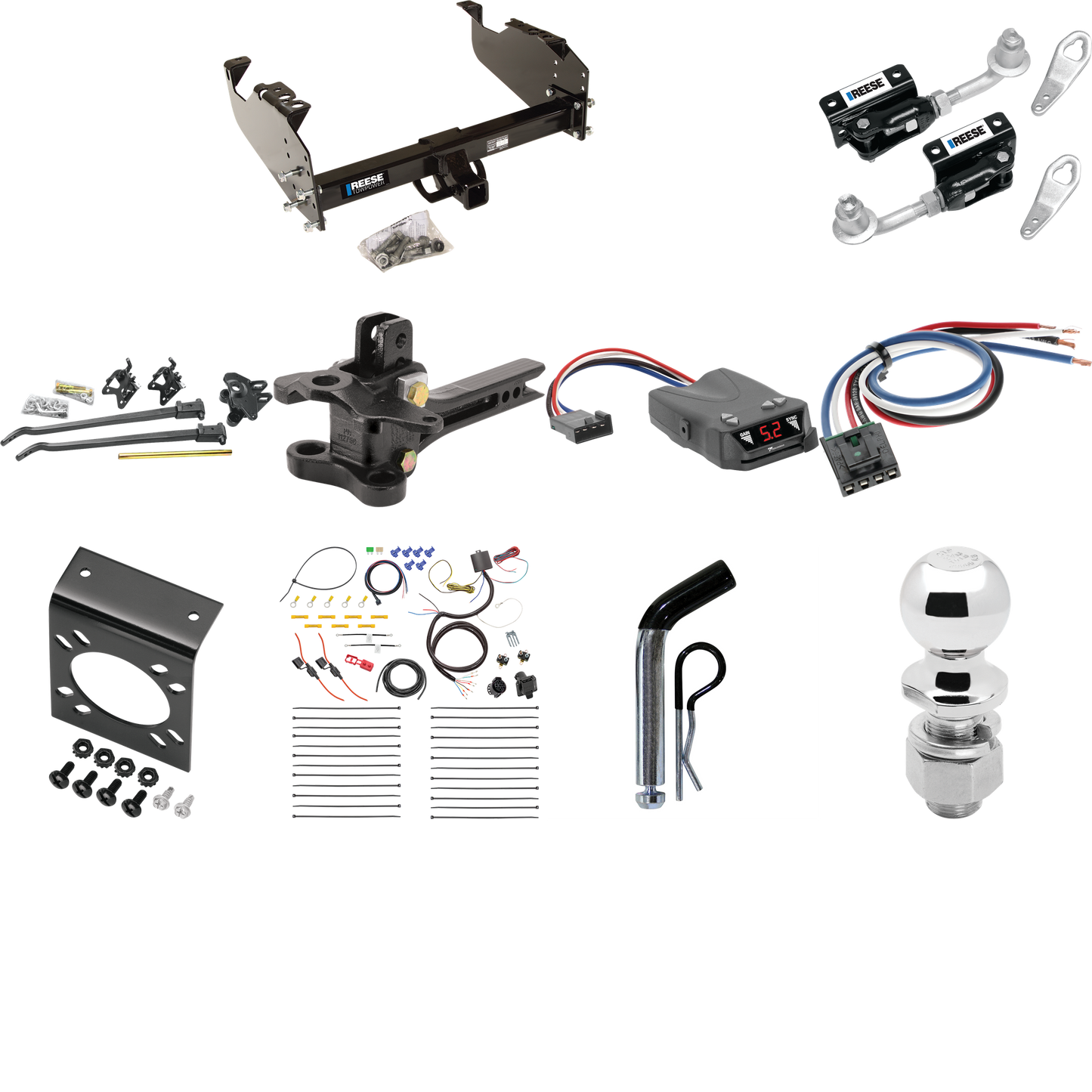 Fits 2007-2014 GMC Sierra 3500 HD Trailer Hitch Tow PKG w/ 17K Trunnion Bar Weight Distribution Hitch + Pin/Clip + Dual Cam Sway Control + 2-5/16" Ball + Tekonsha Brakeman IV Brake Control + Generic BC Wiring Adapter + 7-Way RV Wiring (For Cab & Chas