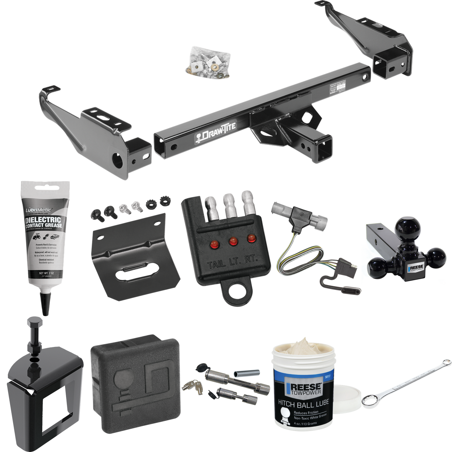 Fits 1997-1997 Ford F-250 HD Trailer Hitch Tow PKG w/ 4-Flat Wiring + Triple Ball Ball Mount 1-7/8" & 2" & 2-5/16" Trailer Balls + Wiring Bracket + Hitch Cover + Dual Hitch & Coupler Locks + Wiring Tester + Ball Lube + Electric Grease + Ball Wrench +