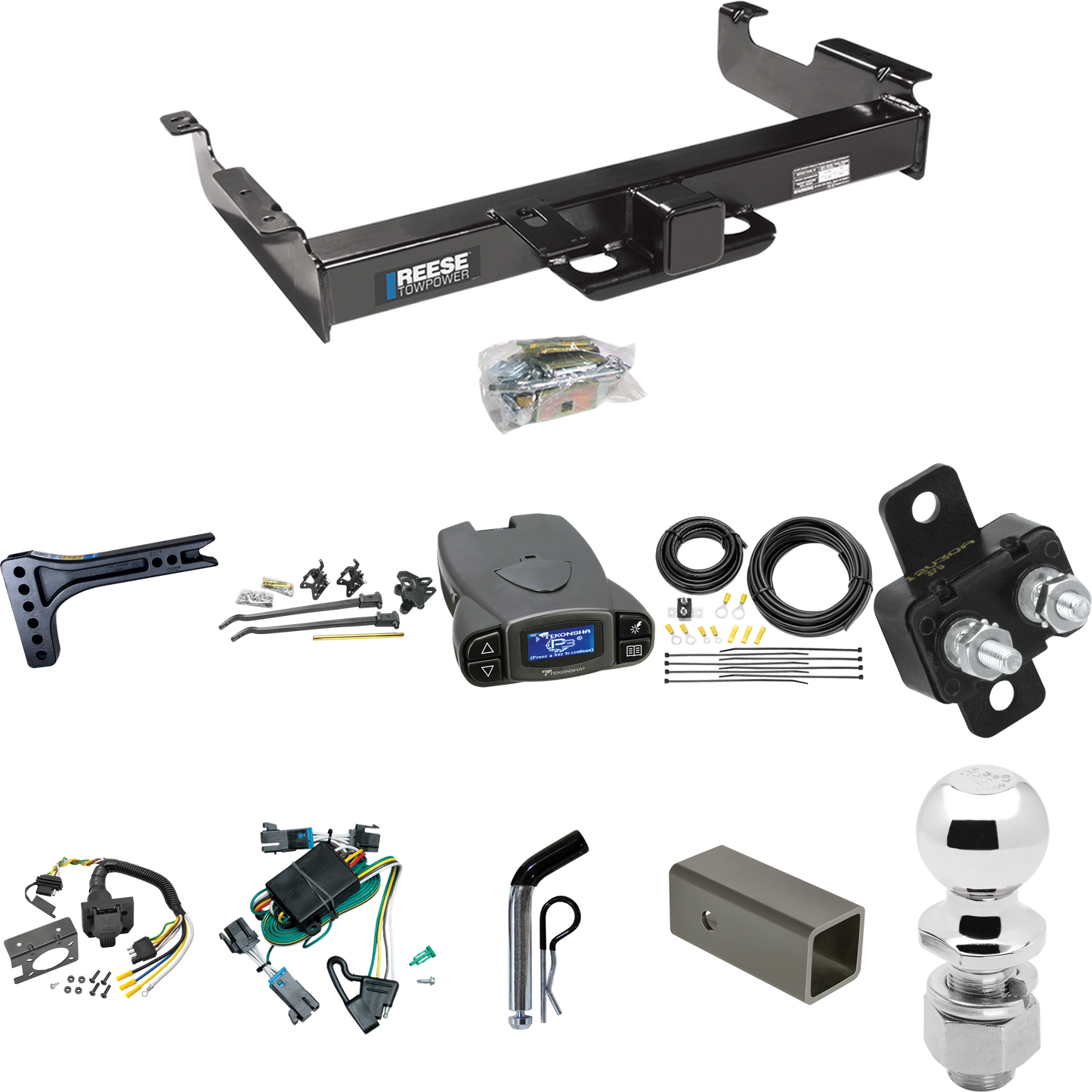 Fits 2000-2002 GMC Savana 2500 Trailer Hitch Tow PKG w/ 15K Trunnion Bar Weight Distribution Hitch + Pin/Clip + 2-5/16" Ball + Tekonsha Prodigy P3 Brake Control + 7-Way RV Wiring By Reese Towpower