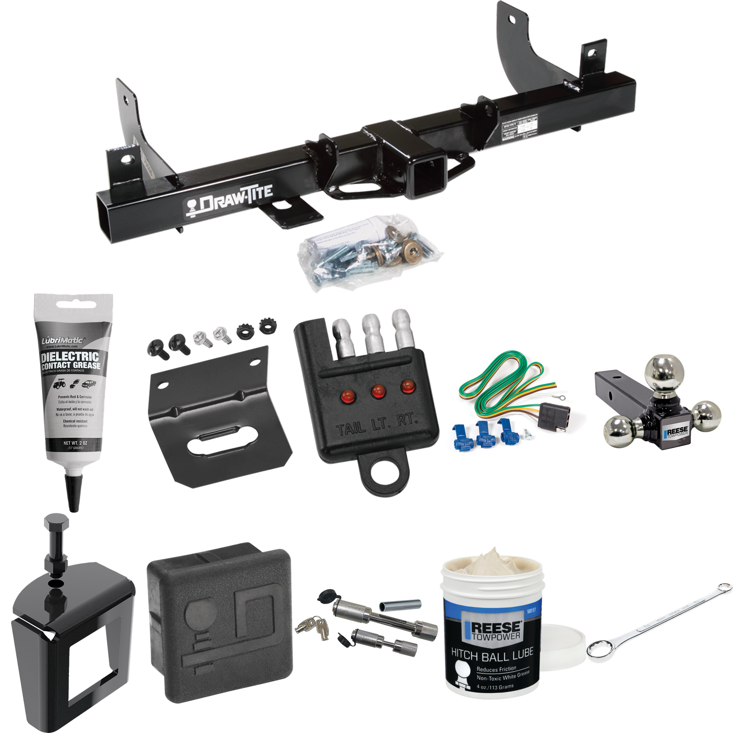 Fits 2006-2008 Ford F-150 Trailer Hitch Tow PKG w/ 4-Flat Wiring + Triple Ball Ball Mount 1-7/8" & 2" & 2-5/16" Trailer Balls + Wiring Bracket + Hitch Cover + Dual Hitch & Coupler Locks + Wiring Tester + Ball Lube + Electric Grease + Ball Wrench + An