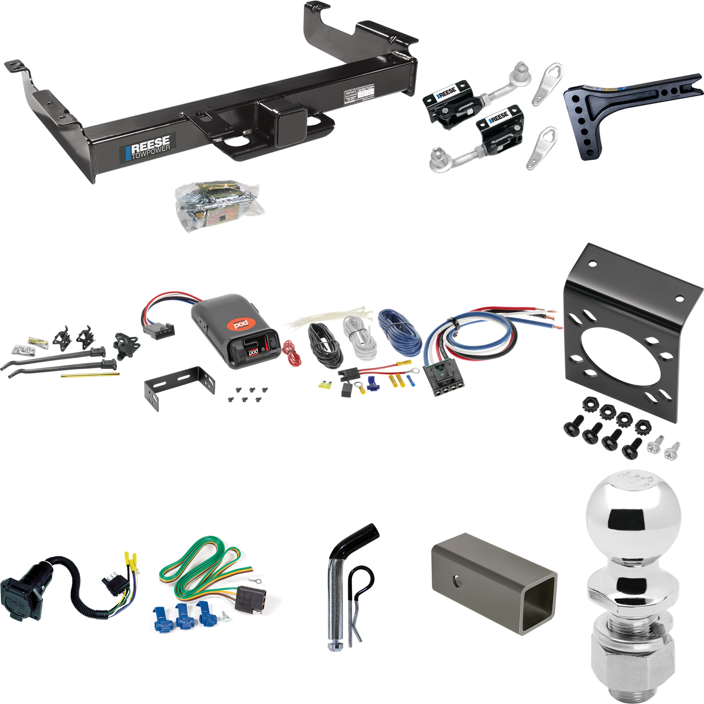 Fits 1996-1999 Chevrolet Express 3500 Trailer Hitch Tow PKG w/ 15K Trunnion Bar Weight Distribution Hitch + Pin/Clip + Dual Cam Sway Control + 2-5/16" Ball + Pro Series POD Brake Control + Generic BC Wiring Adapter + 7-Way RV Wiring By Reese Towpower