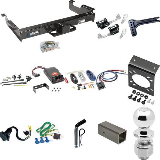 Fits 1996-1999 Chevrolet Express 3500 Trailer Hitch Tow PKG w/ 15K Trunnion Bar Weight Distribution Hitch + Pin/Clip + Dual Cam Sway Control + 2-5/16" Ball + Pro Series POD Brake Control + Generic BC Wiring Adapter + 7-Way RV Wiring By Reese Towpower