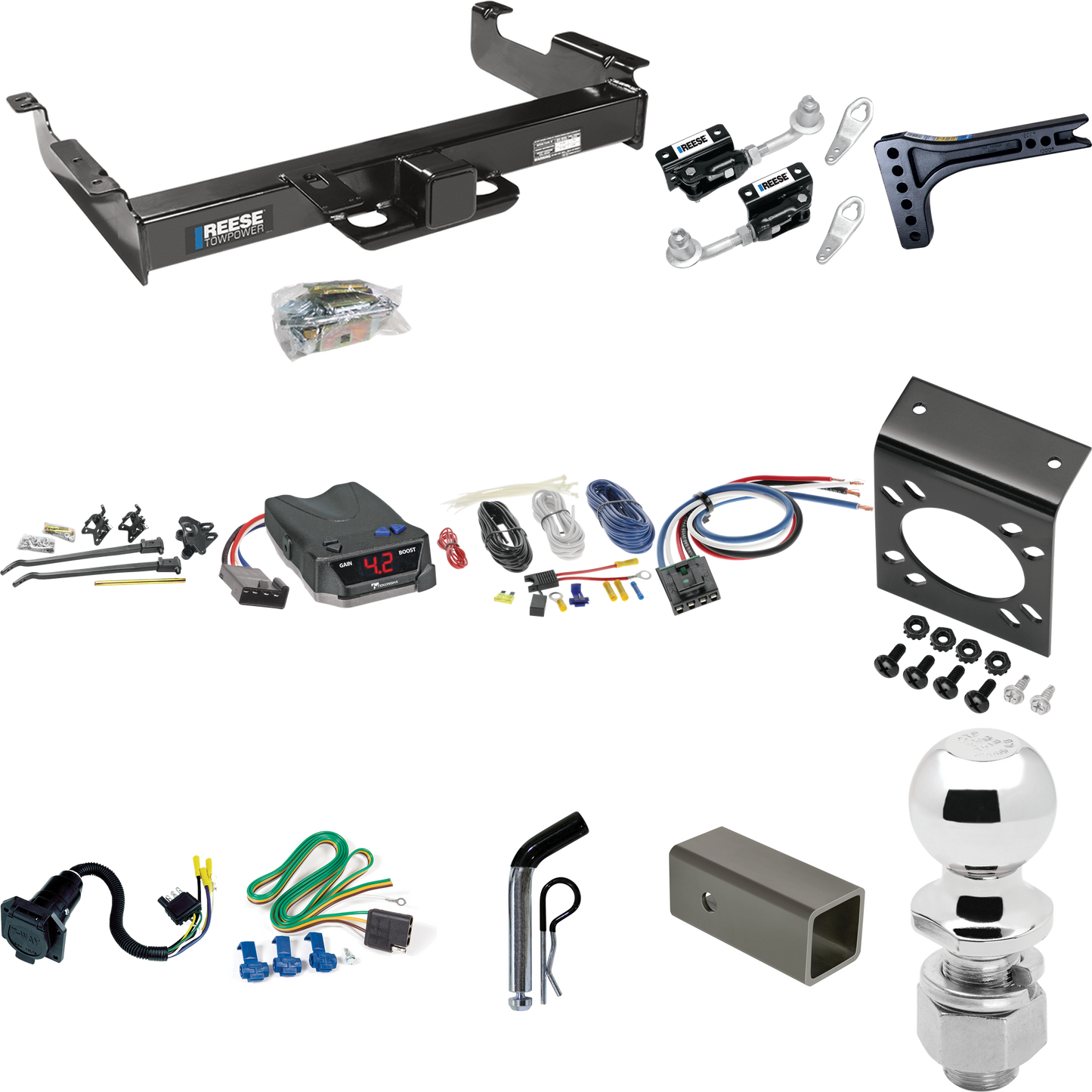 Fits 1996-1999 GMC Savana 3500 Trailer Hitch Tow PKG w/ 15K Trunnion Bar Weight Distribution Hitch + Pin/Clip + Dual Cam Sway Control + 2-5/16" Ball + Tekonsha BRAKE-EVN Brake Control + Generic BC Wiring Adapter + 7-Way RV Wiring By Reese Towpower