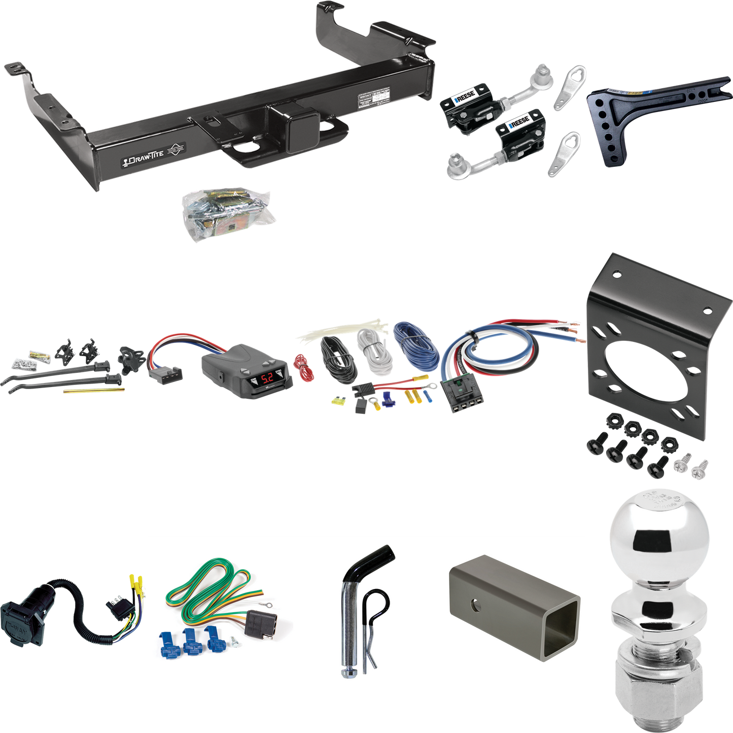 Fits 1996-1999 GMC Savana 2500 Trailer Hitch Tow PKG w/ 15K Trunnion Bar Weight Distribution Hitch + Pin/Clip + Dual Cam Sway Control + 2-5/16" Ball + Tekonsha Brakeman IV Brake Control + Generic BC Wiring Adapter + 7-Way RV Wiring By Draw-Tite