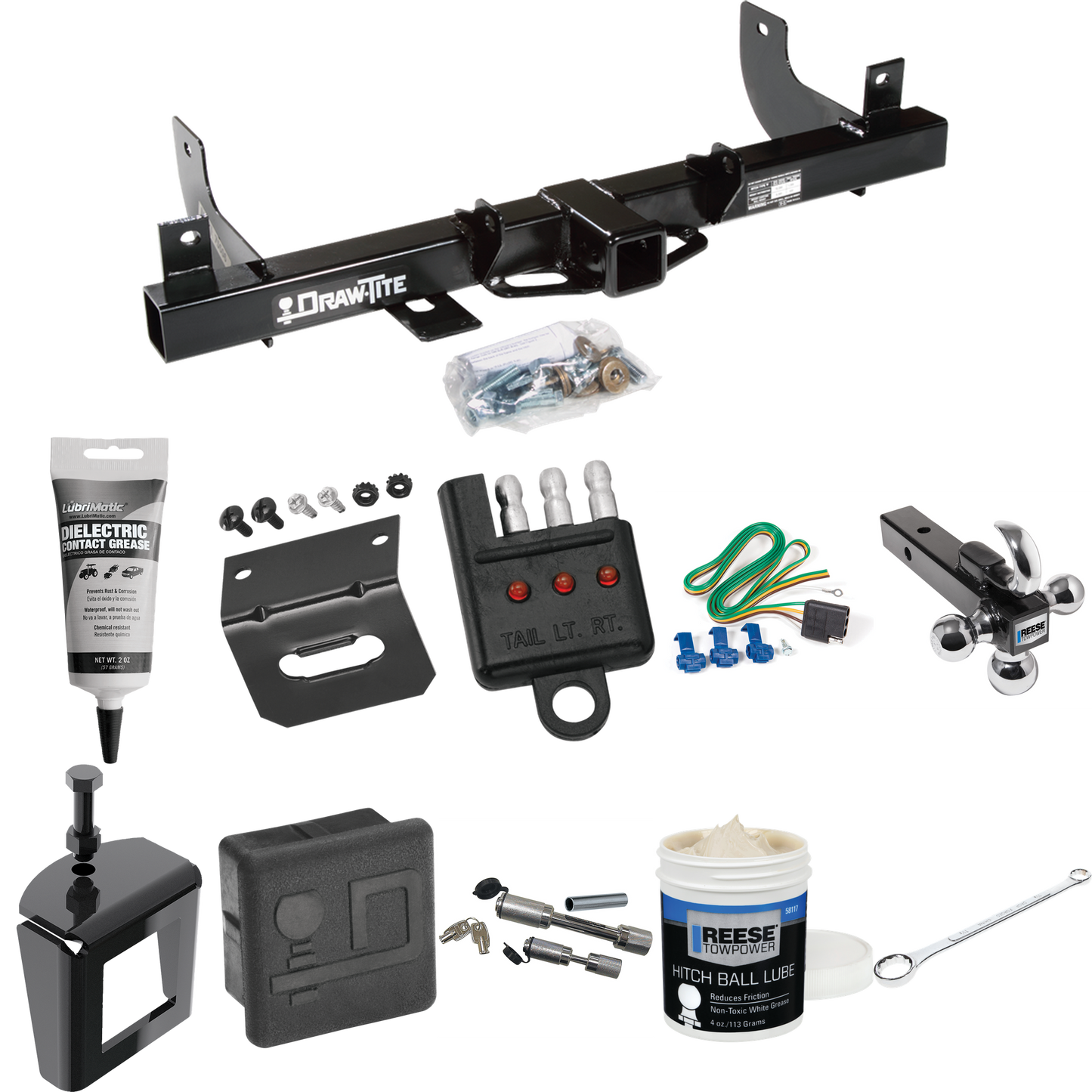 Fits 2006-2008 Ford F-150 Trailer Hitch Tow PKG w/ 4-Flat Wiring + Triple Ball Ball Mount 1-7/8" & 2" & 2-5/16" Trailer Balls w/ Tow Hook + Wiring Bracket + Hitch Cover + Dual Hitch & Coupler Locks + Wiring Tester + Ball Lube + Electric Grease + Ball