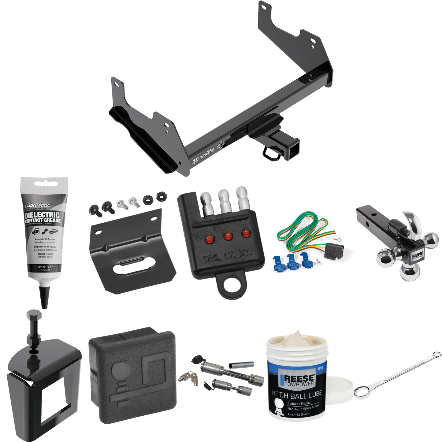 Fits 2015-2023 Ford F-150 Trailer Hitch Tow PKG w/ 4-Flat Wiring + Triple Ball Ball Mount 1-7/8" & 2" & 2-5/16" Trailer Balls w/ Tow Hook + Wiring Bracket + Hitch Cover + Dual Hitch & Coupler Locks + Wiring Tester + Ball Lube + Electric Grease + Ball