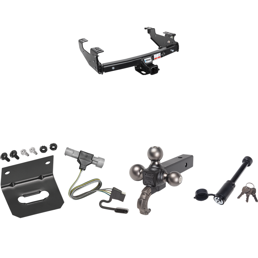 Fits 1997-1997 Ford F-250 HD Trailer Hitch Tow PKG w/ 4-Flat Wiring + Triple Ball Tactical Ball Mount 1-7/8" & 2" & 2-5/16" Balls w/ Tow Hook + Tactical Dogbone Lock + Wiring Bracket By Reese Towpower