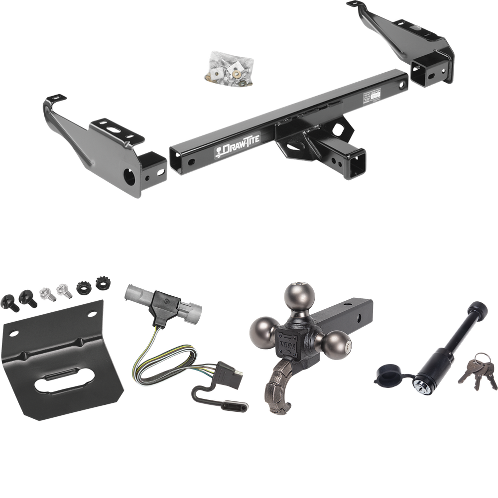 Fits 1987-1996 Ford F-350 Trailer Hitch Tow PKG w/ 4-Flat Wiring + Tactical Triple Ball Ball Mount 1-7/8" & 2" & 2-5/16" Balls & Tow Hook + Tactical Dogbone Lock + Wiring Bracket By Draw-Tite