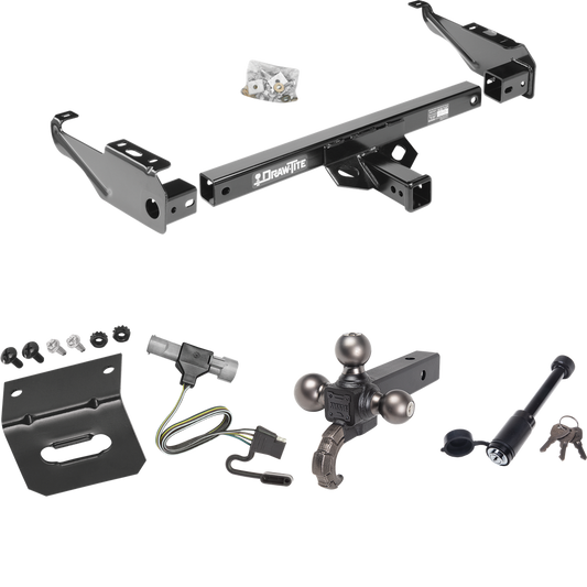 Fits 1987-1996 Ford F-350 Trailer Hitch Tow PKG w/ 4-Flat Wiring + Tactical Triple Ball Ball Mount 1-7/8" & 2" & 2-5/16" Balls & Tow Hook + Tactical Dogbone Lock + Wiring Bracket By Draw-Tite