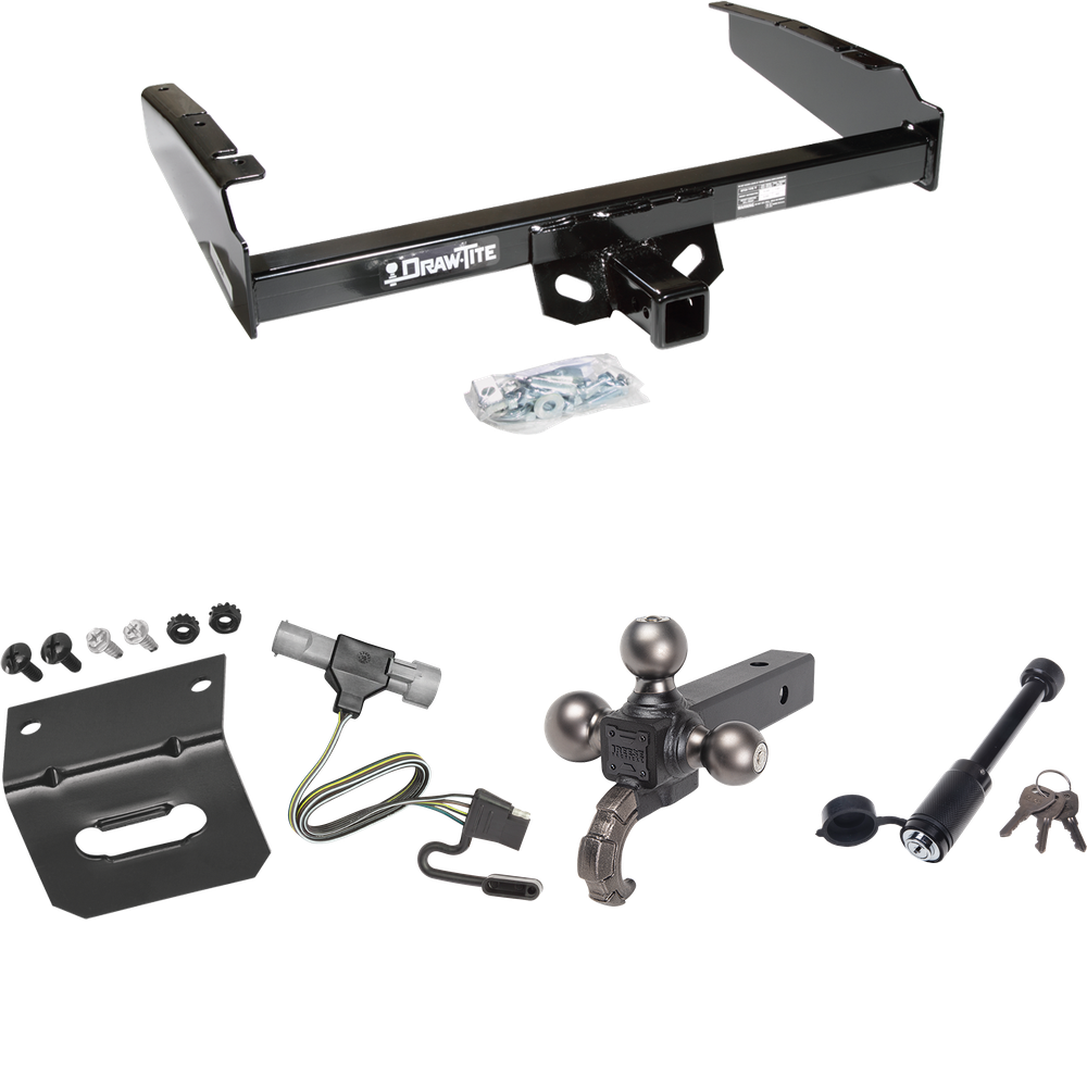 Fits 1997-1997 Ford F-250 HD Trailer Hitch Tow PKG w/ 4-Flat Wiring + Tactical Triple Ball Ball Mount 1-7/8" & 2" & 2-5/16" Balls & Tow Hook + Tactical Dogbone Lock + Wiring Bracket By Draw-Tite