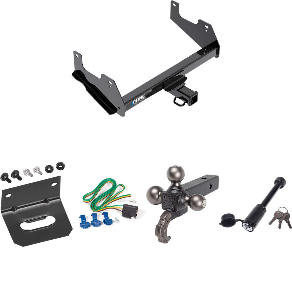 Fits 2015-2023 Ford F-150 Trailer Hitch Tow PKG w/ 4-Flat Wiring + Tactical Triple Ball Ball Mount 1-7/8" & 2" & 2-5/16" Balls & Tow Hook + Tactical Dogbone Lock + Wiring Bracket By Reese Towpower