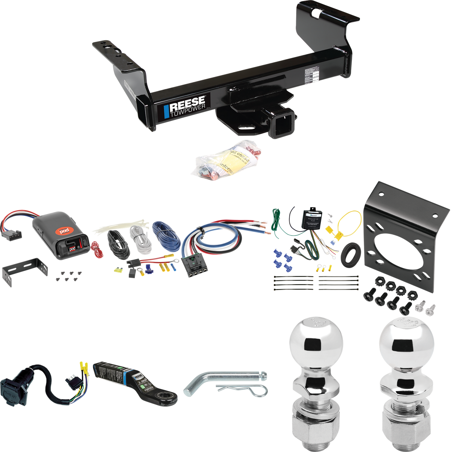 Fits 2007-2014 GMC Sierra 3500 HD Trailer Hitch Tow PKG w/ Pro Series POD Brake Control + Generic BC Wiring Adapter + 7-Way RV Wiring + 2" & 2-5/16" Ball & Drop Mount (For Cab & Chassis, w/34" Wide Frames Models) By Reese Towpower