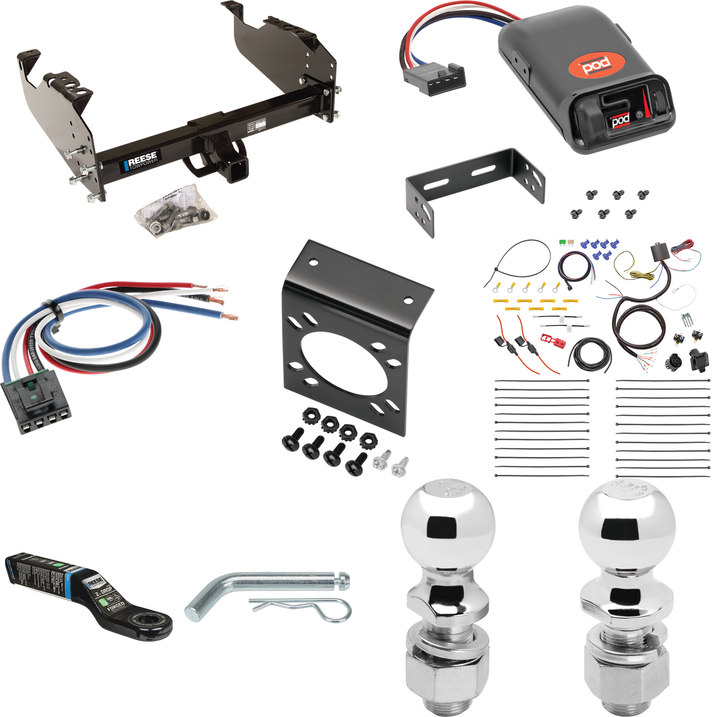 Fits 2007-2014 GMC Sierra 3500 HD Trailer Hitch Tow PKG w/ Pro Series POD Brake Control + Generic BC Wiring Adapter + 7-Way RV Wiring + 2" & 2-5/16" Ball & Drop Mount (For Cab & Chassis, w/34" Wide Frames Models) By Reese Towpower