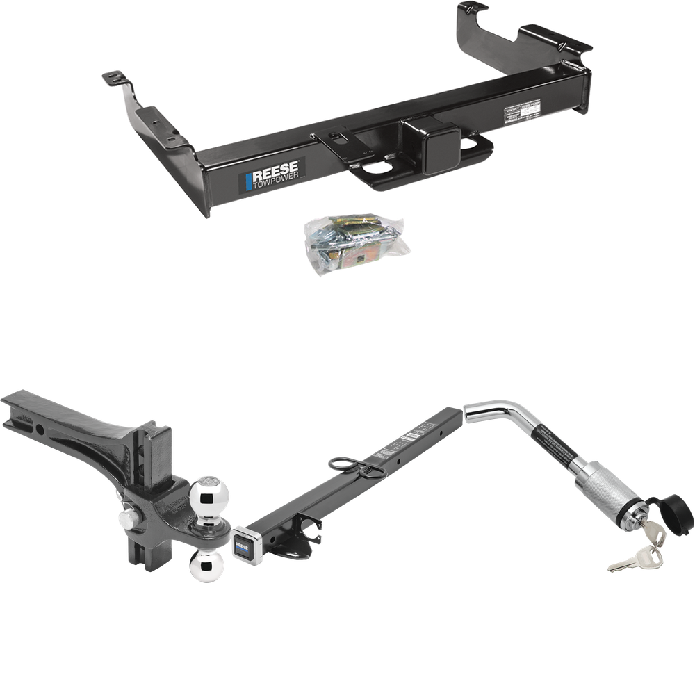 Fits 1996-2023 GMC Savana 3500 Trailer Hitch Tow PKG w/ 2-1/2" to 2" Adapter 24" Length + Adjustable Drop Rise Dual Ball Ball Mount 2" & 2-5/16" Trailer Balls + Hitch Lock By Reese Towpower