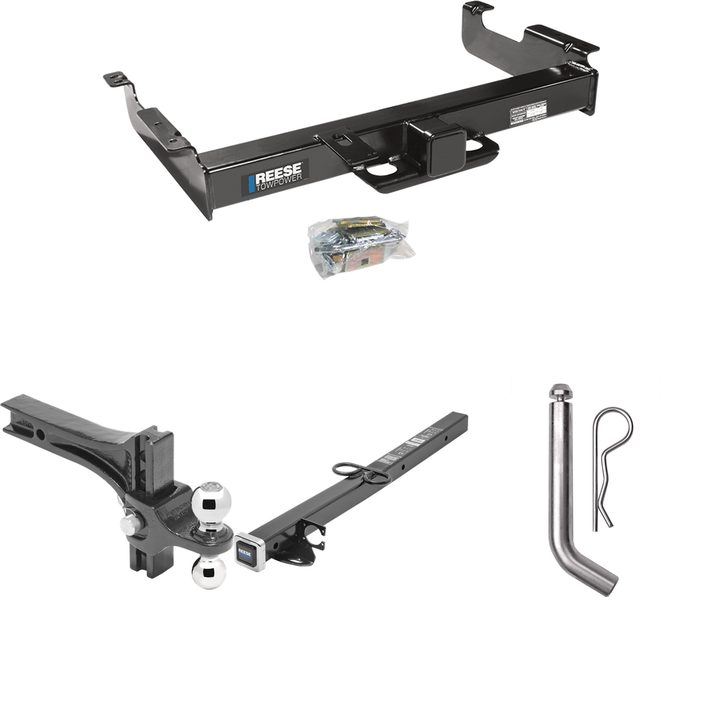 Fits 1996-2023 Chevrolet Express 3500 Trailer Hitch Tow PKG w/ 2-1/2" to 2" Adapter 24" Length + Adjustable Drop Rise Dual Ball Ball Mount 2" & 2-5/16" Trailer Balls + Pin/Clip By Reese Towpower