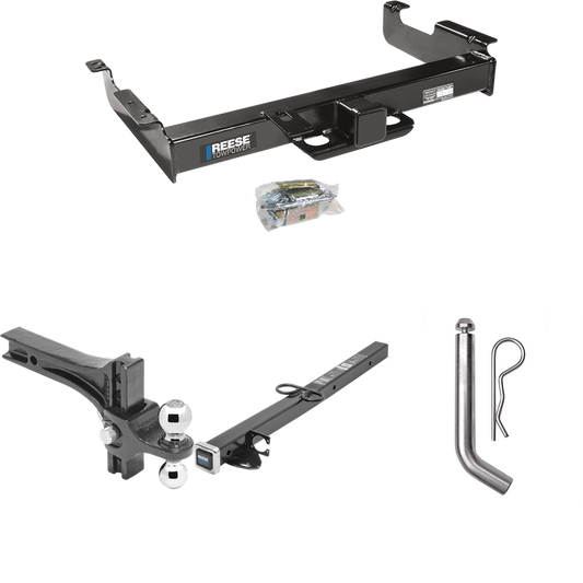 Fits 1996-2023 Chevrolet Express 3500 Trailer Hitch Tow PKG w/ 2-1/2" to 2" Adapter 24" Length + Adjustable Drop Rise Dual Ball Ball Mount 2" & 2-5/16" Trailer Balls + Pin/Clip By Reese Towpower